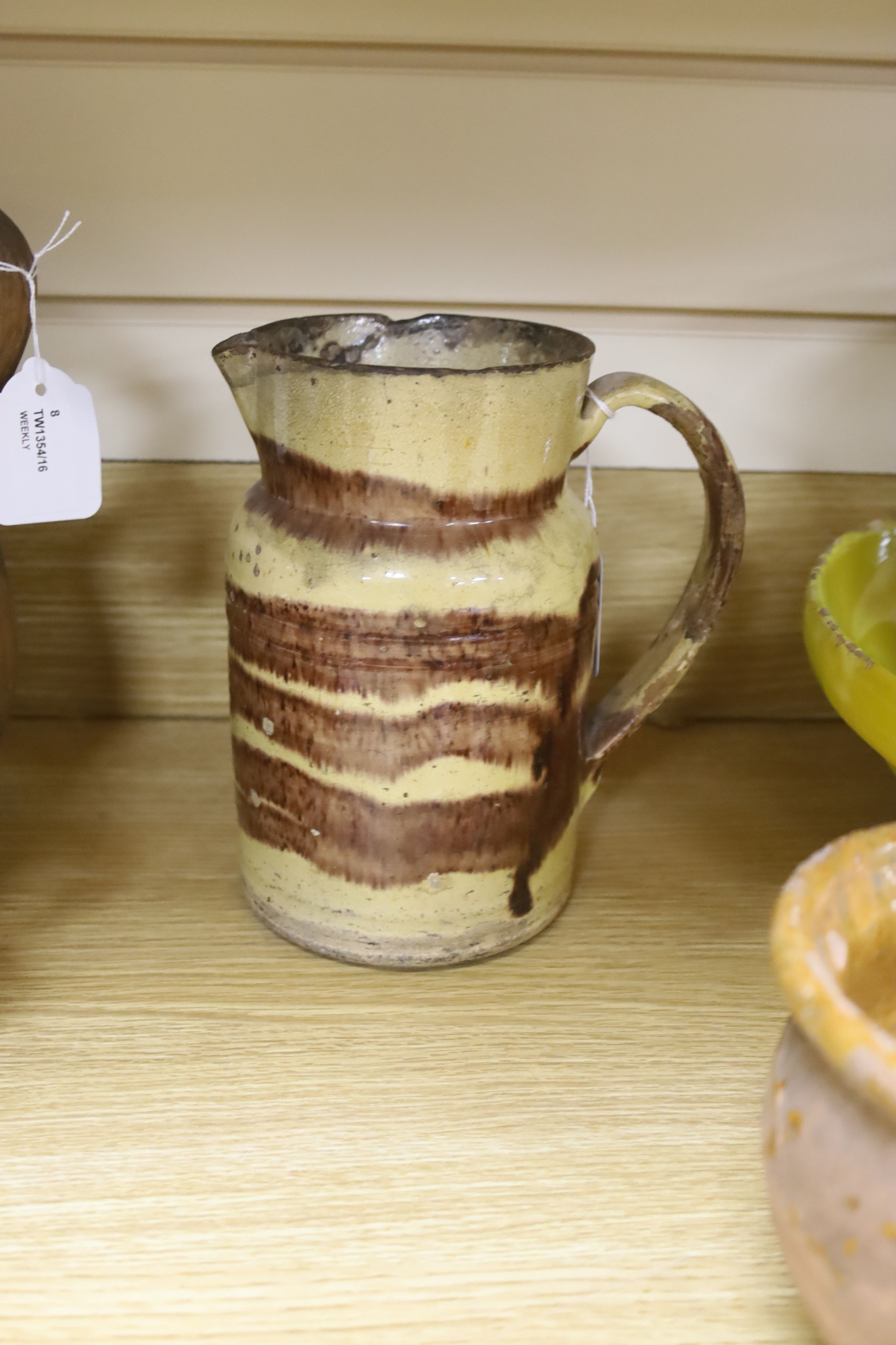 A collection of vintage French stoneware pottery, including a yellow ground bowl and matching vase, bowl 35cm